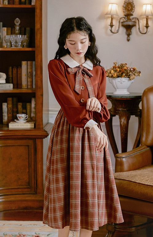 40S Academia Plaid Bow Tie Vintage Dress