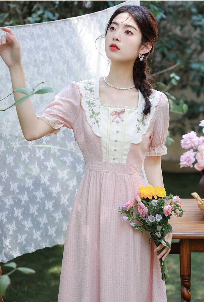 French outlets Vintage Dress Rubie pink, Pink fairy dress, Cottagecore dress, Pink lace dress for women