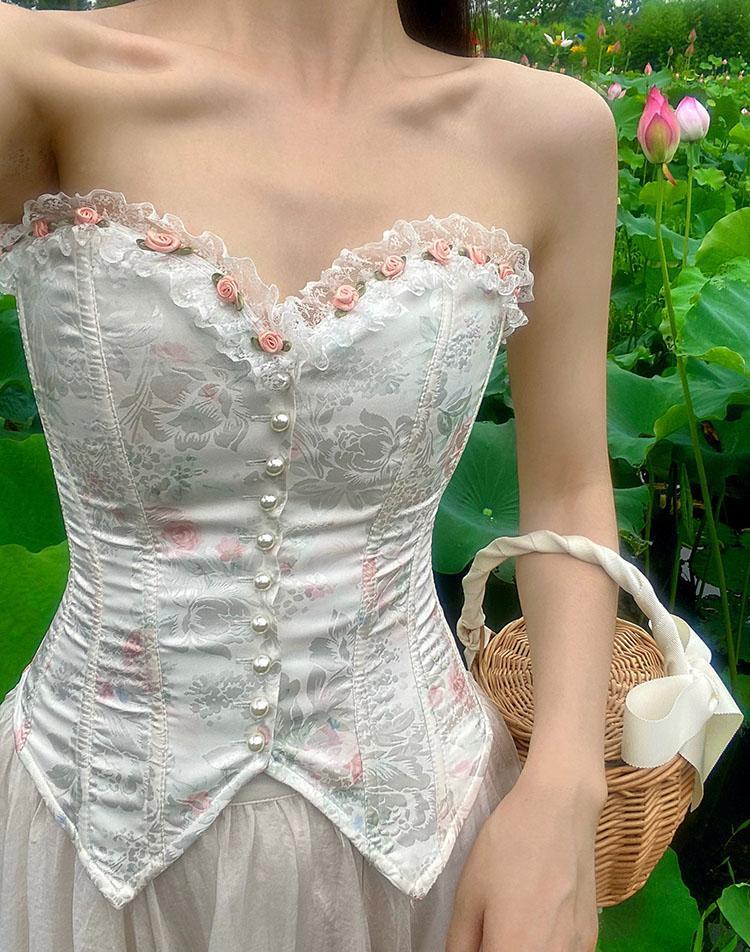 Vintage shops Floral Corset top with lace trim