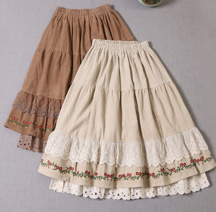 Cottagecore Cotton Lace Layered Midi Skirt Milkmaid Mori Girl Lolita Victorian Vintage Style Skirt Goblincore outlet Prairie Clothing lining Loose