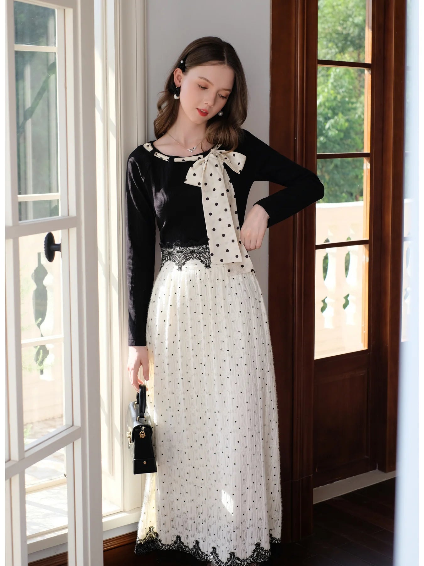 Retro Dot Bow Tie Knit Top & Skirt