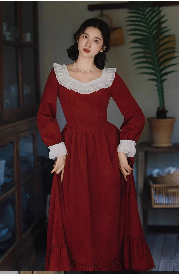 Vintage Ruffled Collar Red Dress