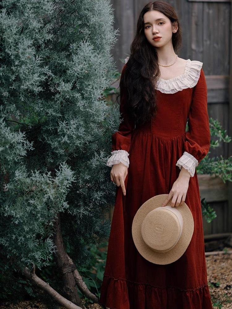 Vintage Ruffled Collar Red Dress