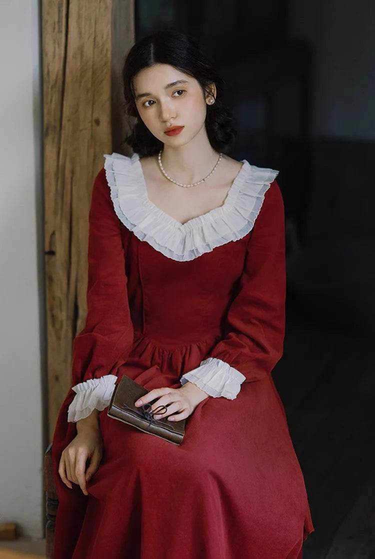 Vintage Ruffled Collar Red Dress