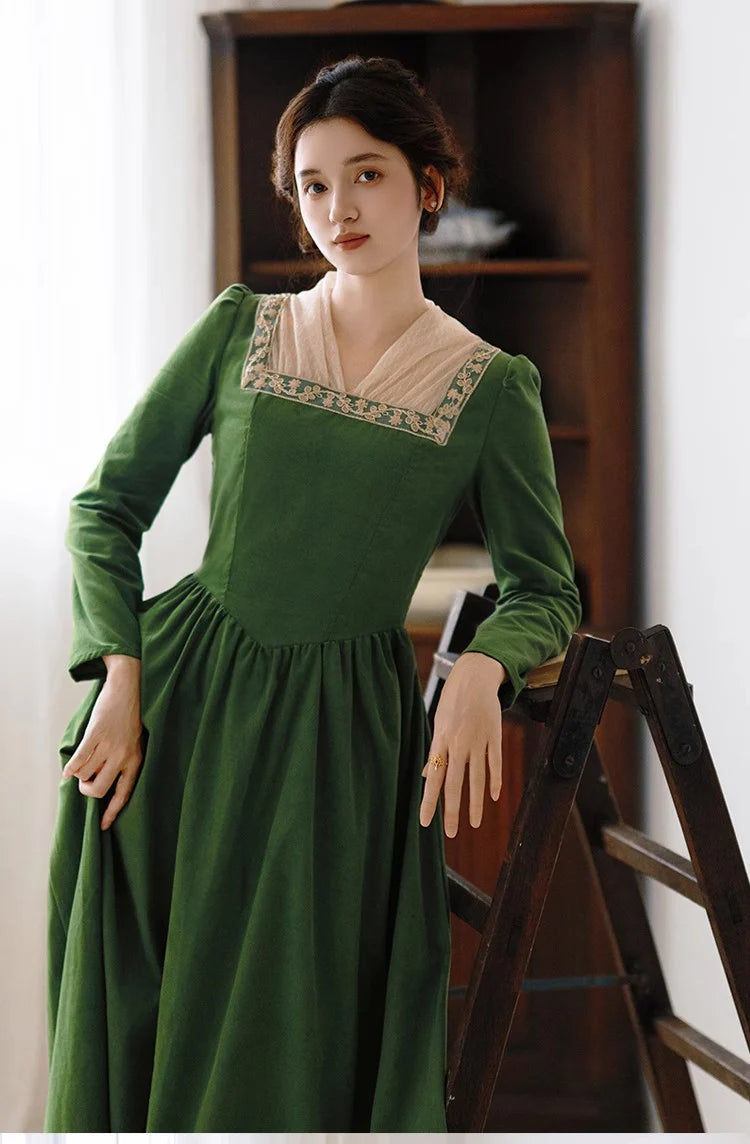 Royalcore Square Collar Green Dress