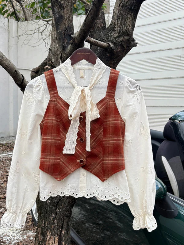 Retro Academia Blouse Plaid Vest Skirt Set