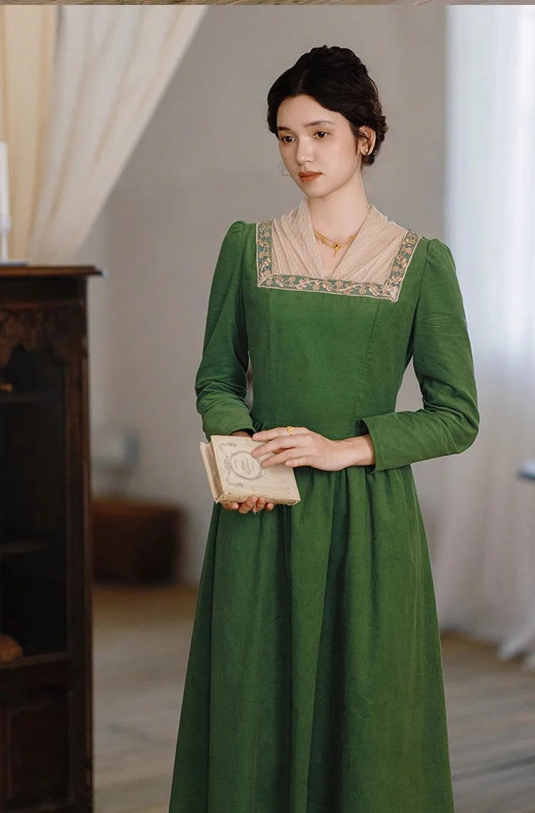 Royalcore Square Collar Green Dress