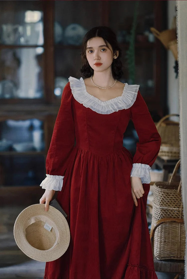 Vintage Ruffled Collar Red Dress