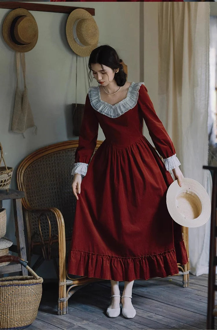 Vintage Ruffled Collar Red Dress