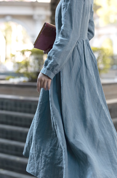 Edwardian Style Stand Collar Blue Dress