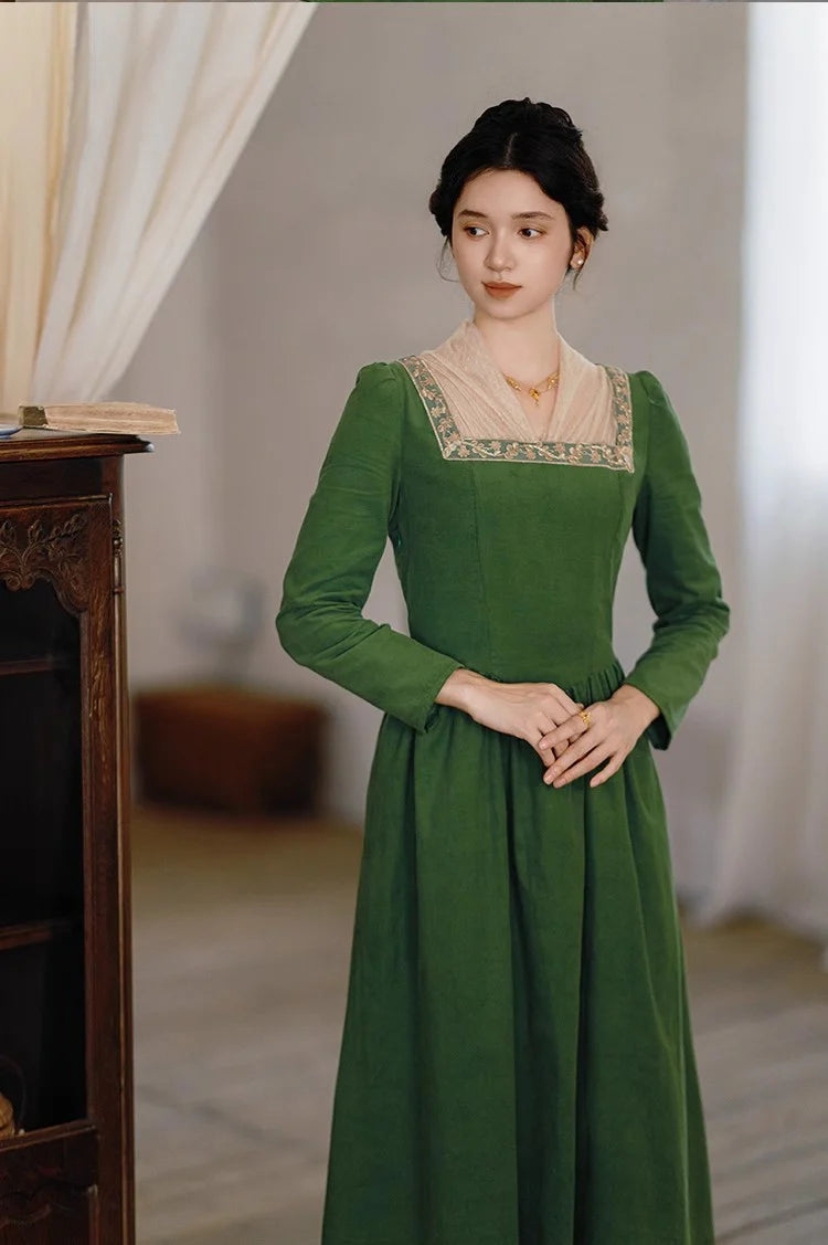 Royalcore Square Collar Green Dress