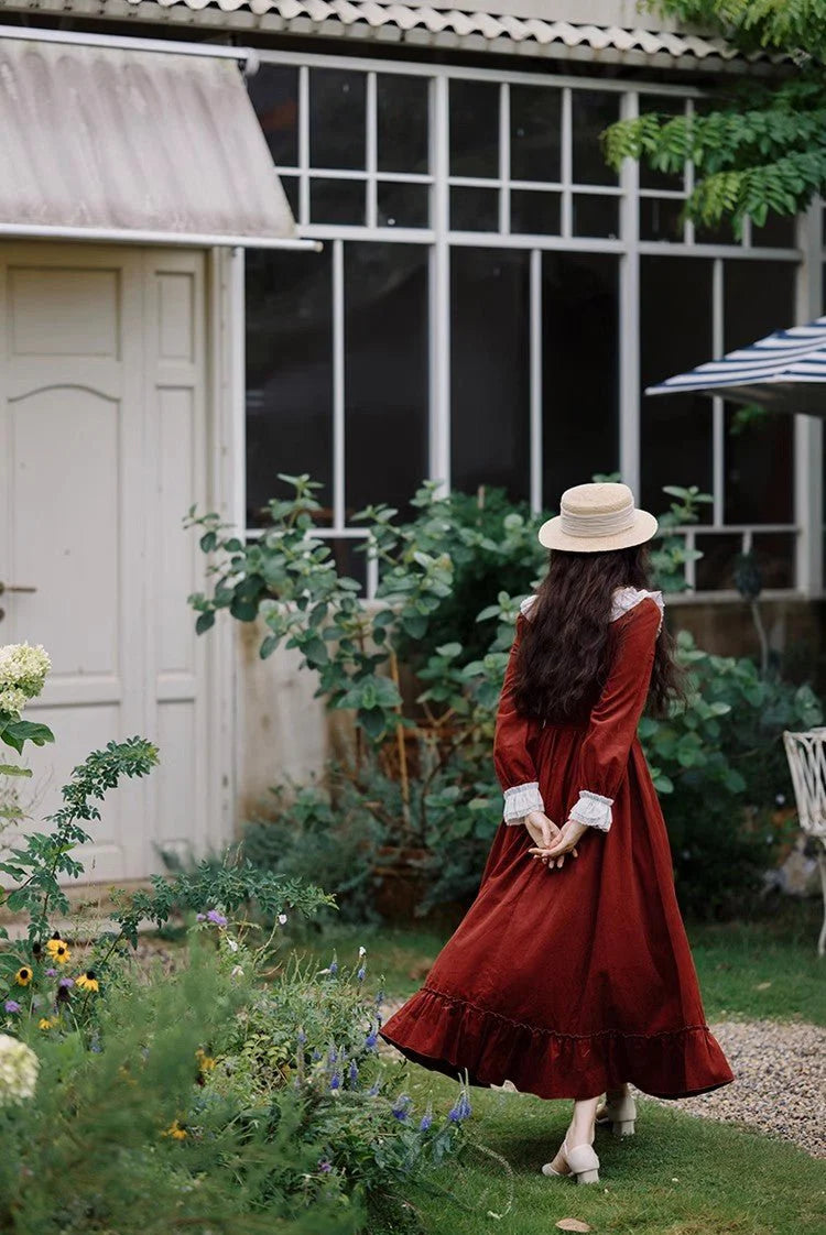 Vintage Ruffled Collar Red Dress