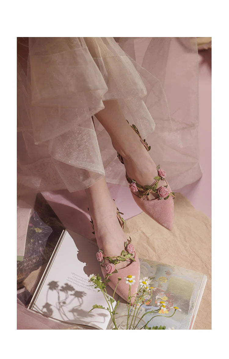 Handmade Fairycore Rose Kitten Heel Shoes