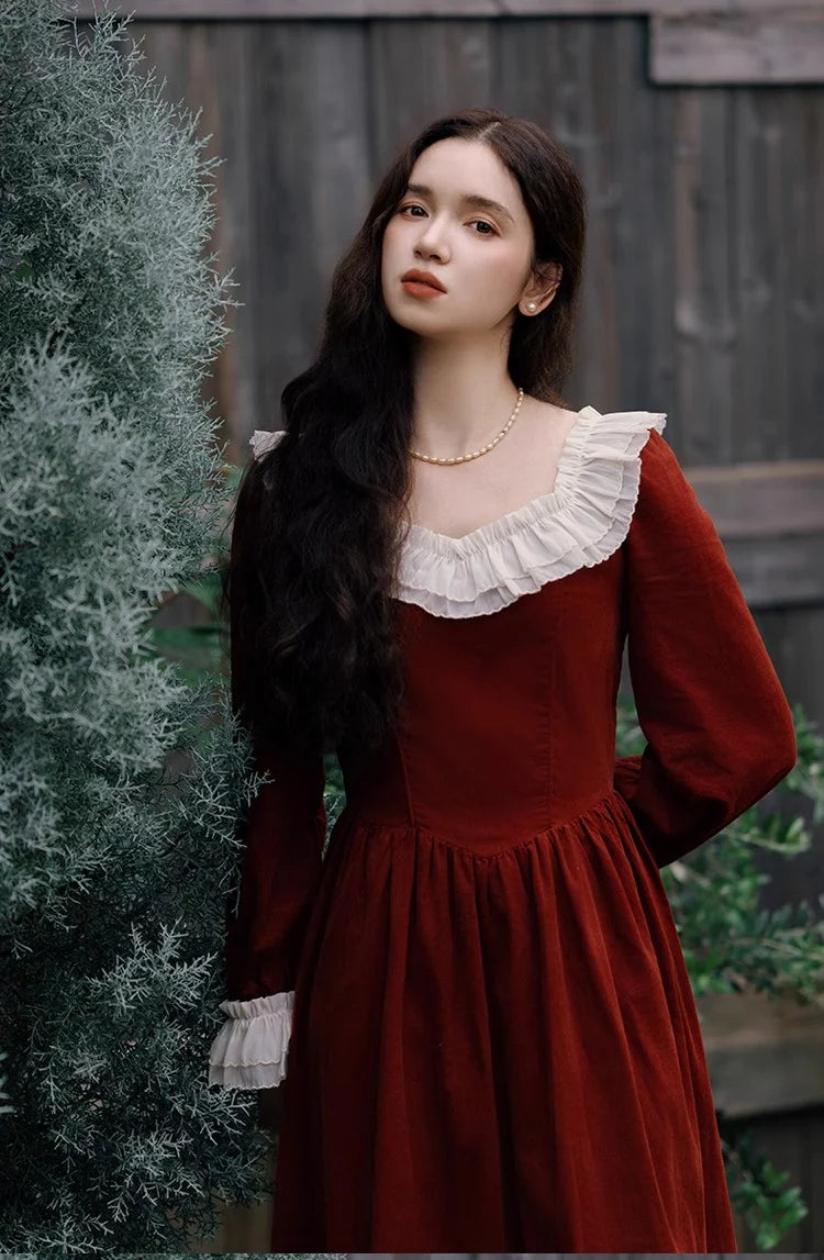 Vintage Ruffled Collar Red Dress