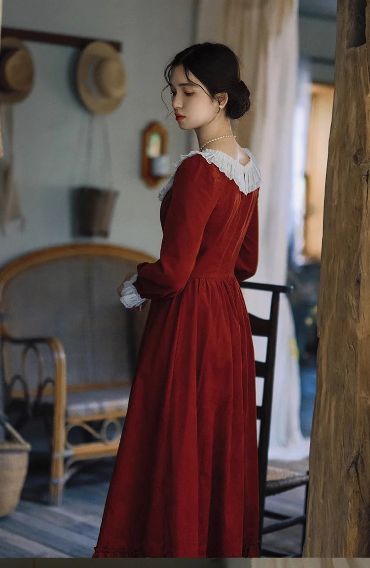 Vintage Ruffled Collar Red Dress