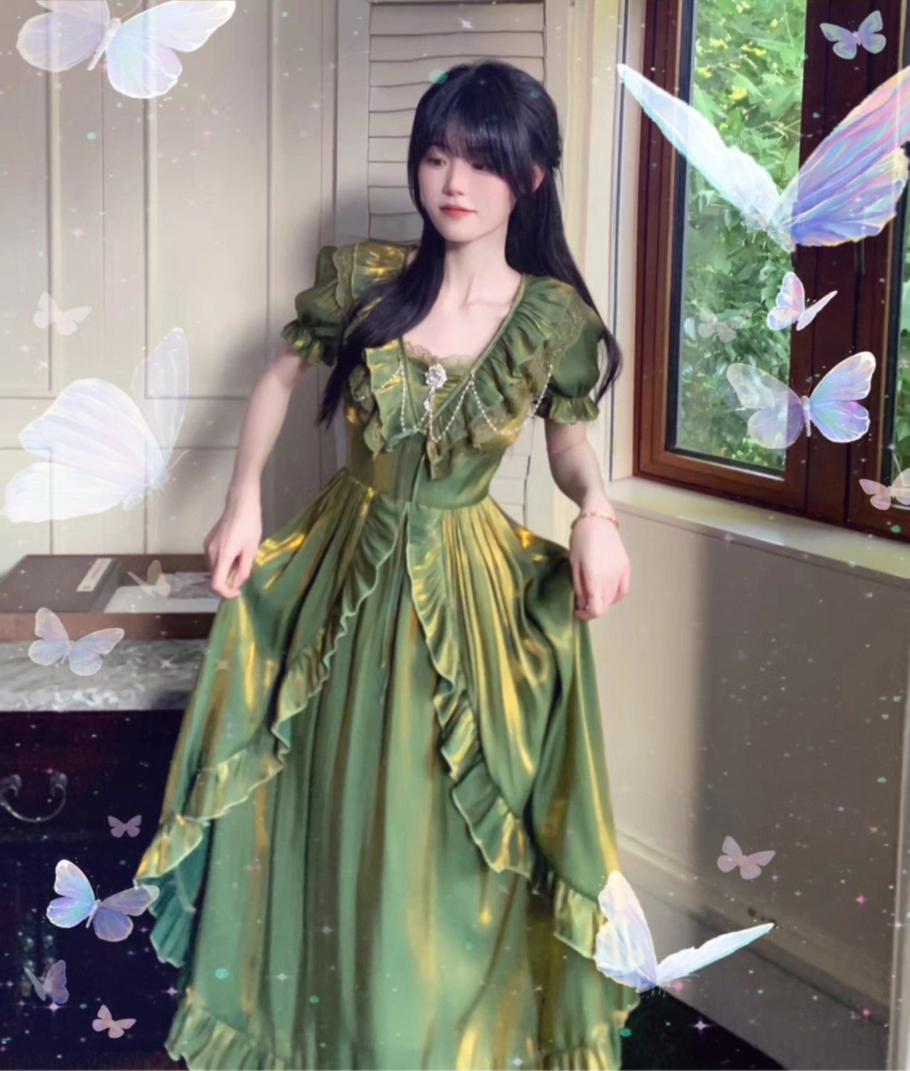 Fairycore Ruffled Green Dress princess green dress prom dress vintage dress