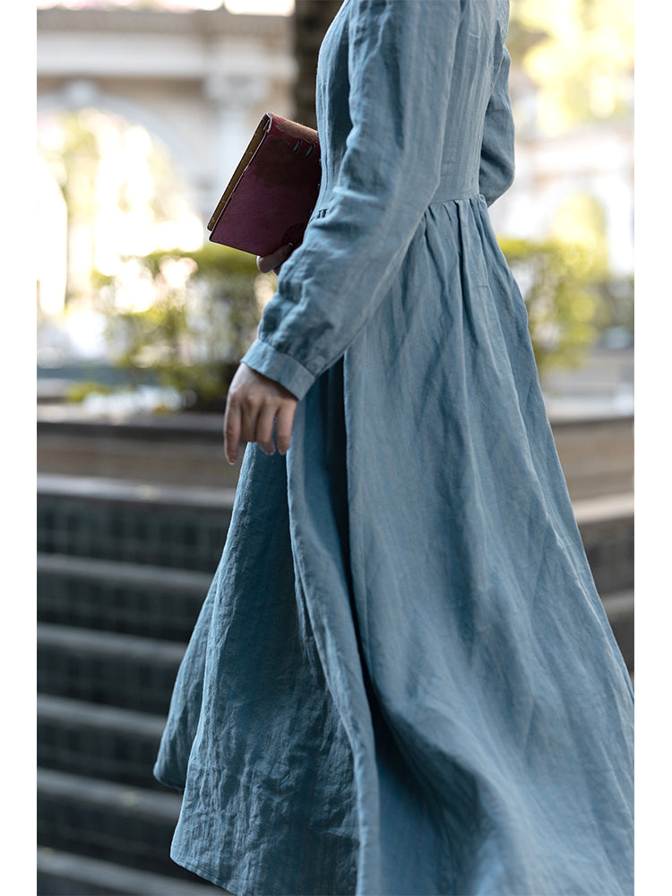 Edwardian Style Stand Collar Blue Dress