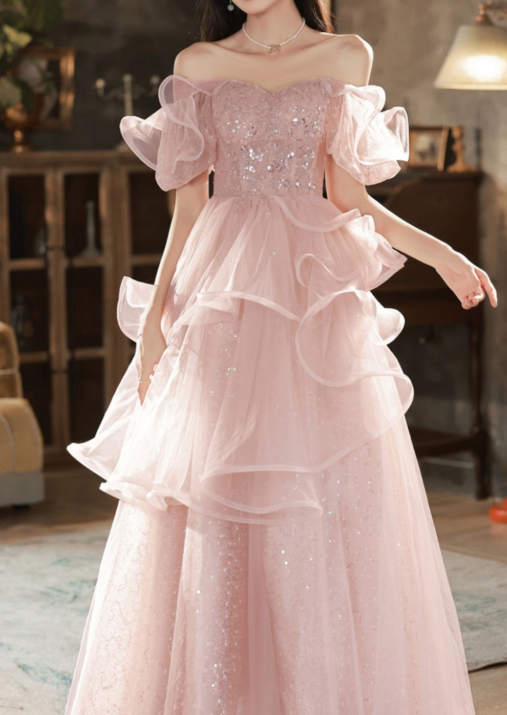 Fairycore Sequin Pink Princess Prom Dress Gown