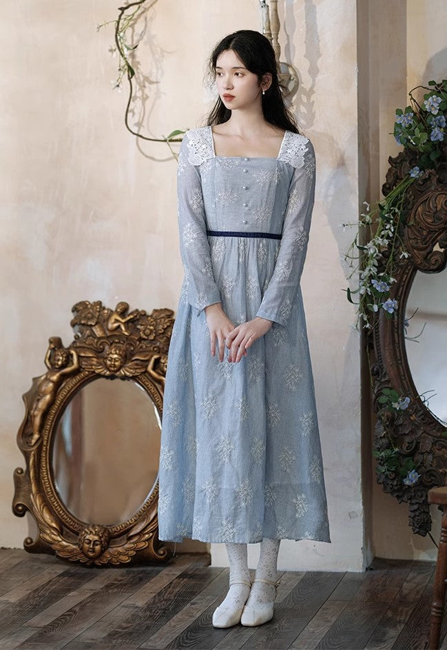 Retro French Lace Trim Embroidered Dress