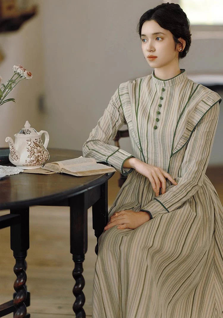 1900S Stand Collar Stripe Vintage Dress