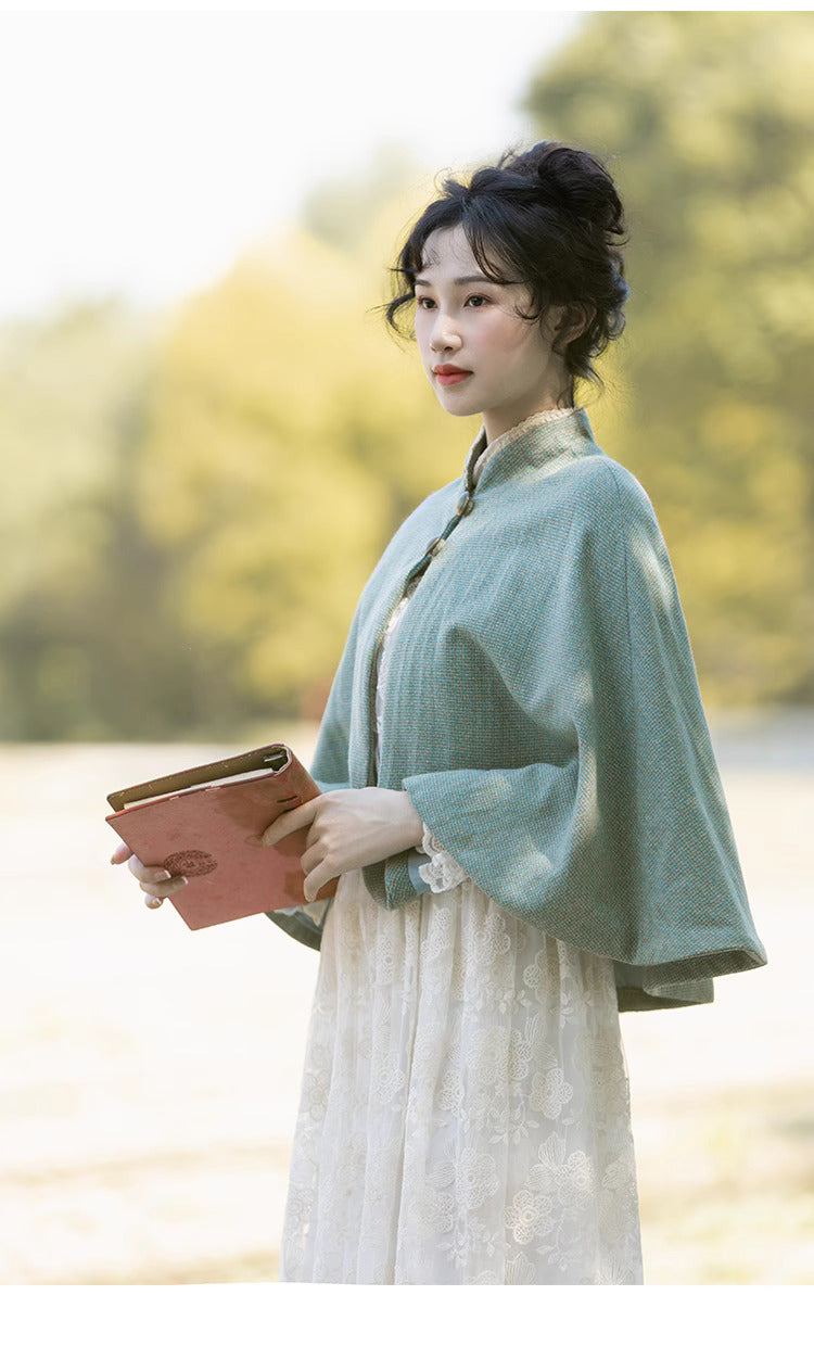 Period Drama Style Blue Vintage Cape Top