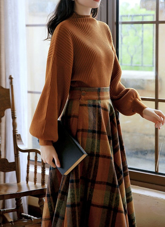 FULL SET Retro Brown Knitting Elegant Conjunto Solid Sweater+plaid hotsell Long Skirts Autumn Winter Clothing/Warm Clothing/Fairy Cottagecore dress