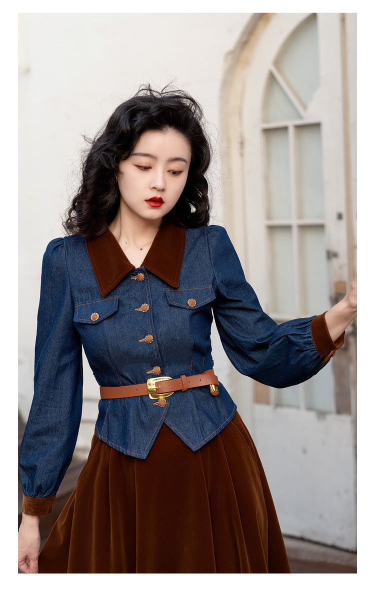 Retro 50s Denim Velvet Skirt Set