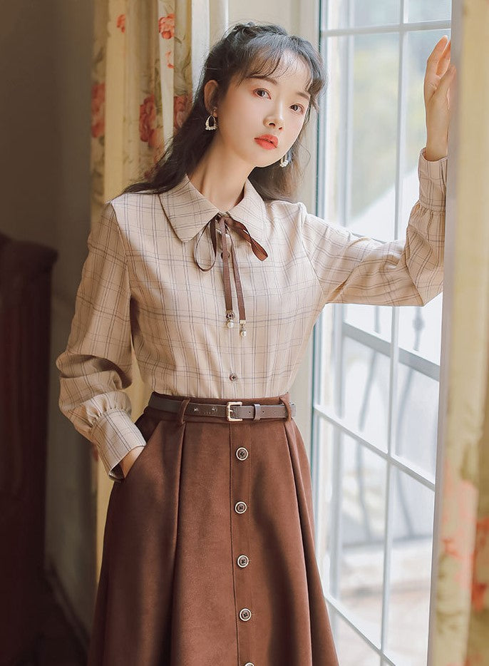 Retro Light Academia Shirt Skirt Set