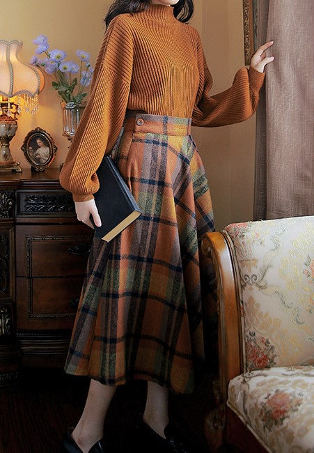 Retro Style Knit Top Plaid Skirt Set