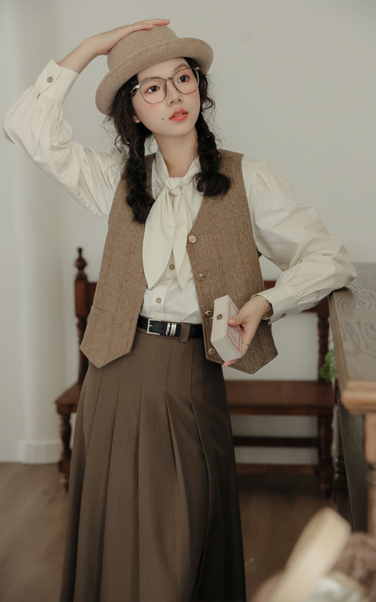 Light Academia Blouse Vest Skirt Set