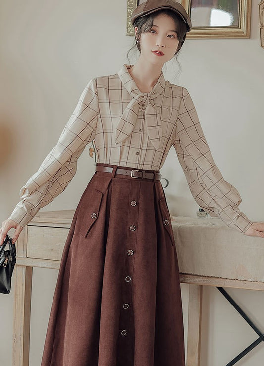 Retro Academia Plaid Shirt Skirt Set