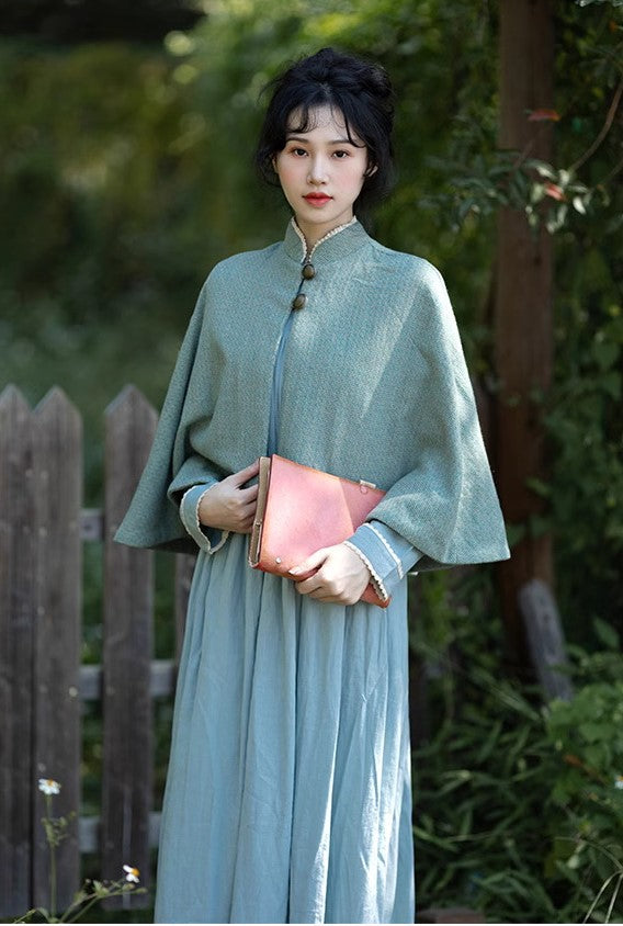 Period Drama Style Blue Vintage Cape Top