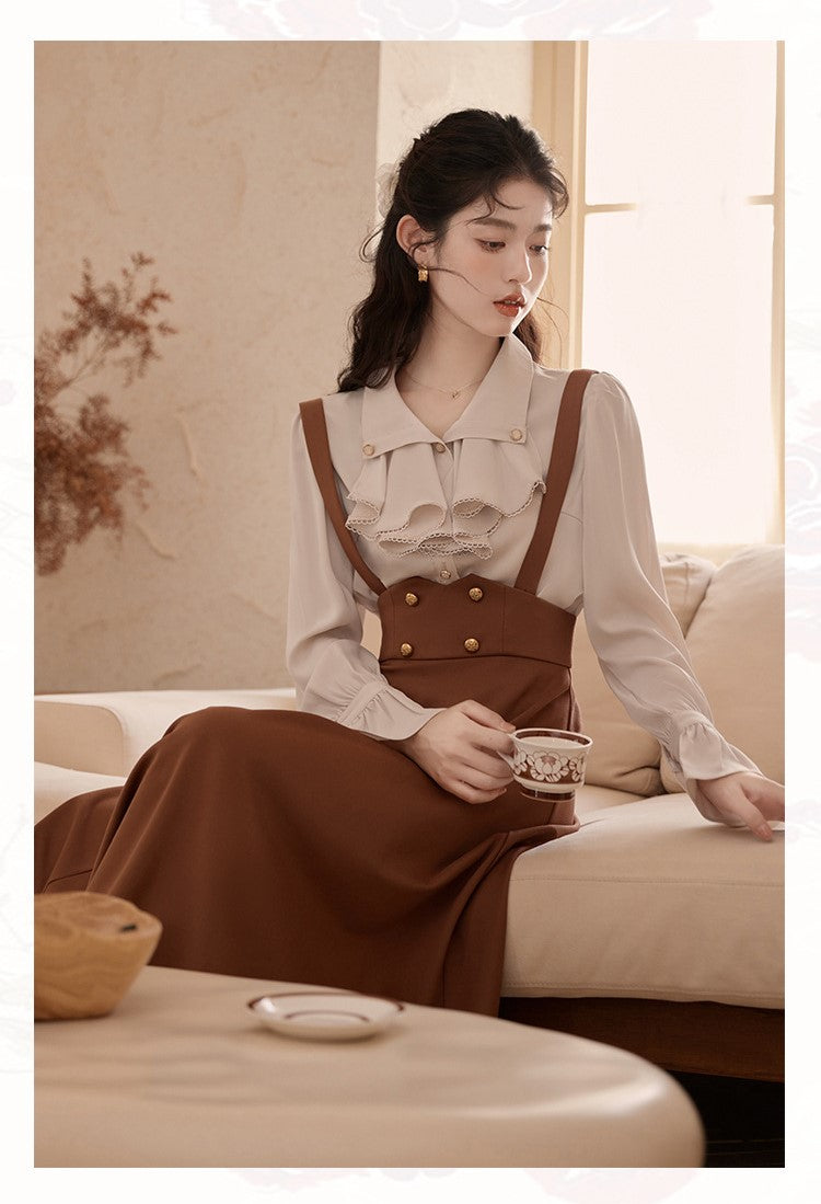 Retro Light Academia Blouse Skirt Set