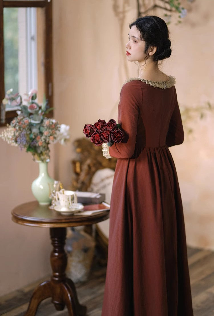 Period Drama Lace Collar High Waist Dress