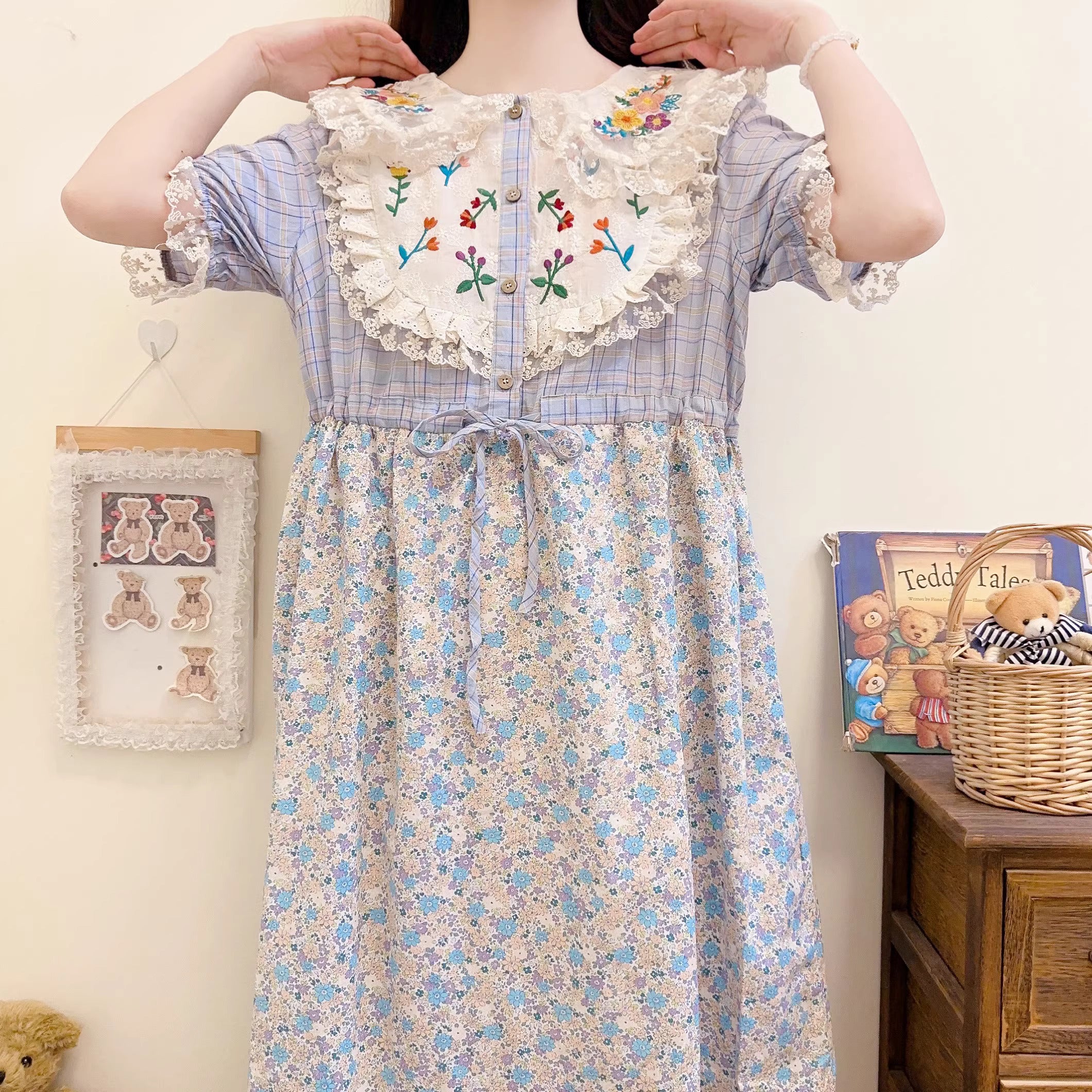 Cottagecore Embroidery Lace Panel Floral Cotton Dress – Retro Fairy