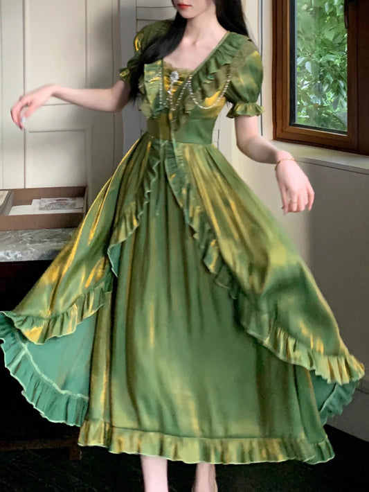 Fairycore Ruffled Green Dress princess green dress prom dress vintage dress