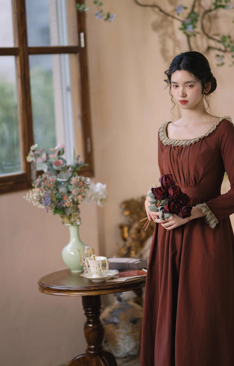 Period Drama Lace Collar High Waist Dress