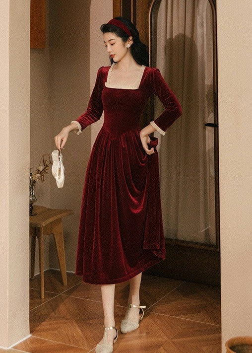 Vintage Square Collar Velvet Dress