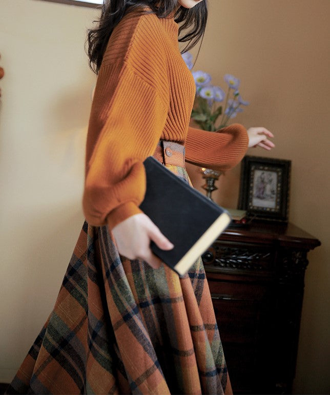 Retro Style Knit Top Plaid Skirt Set