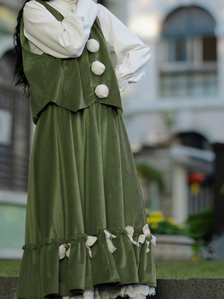 Retro Green Velvet Bow Tie Skirt