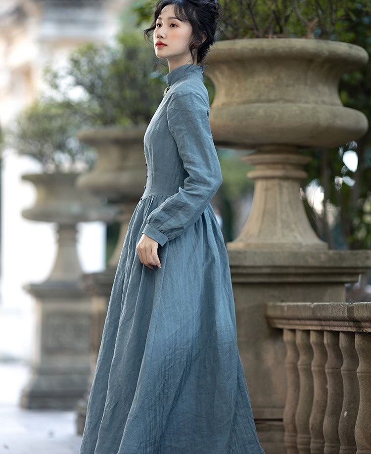 Edwardian Style Stand Collar Blue Dress