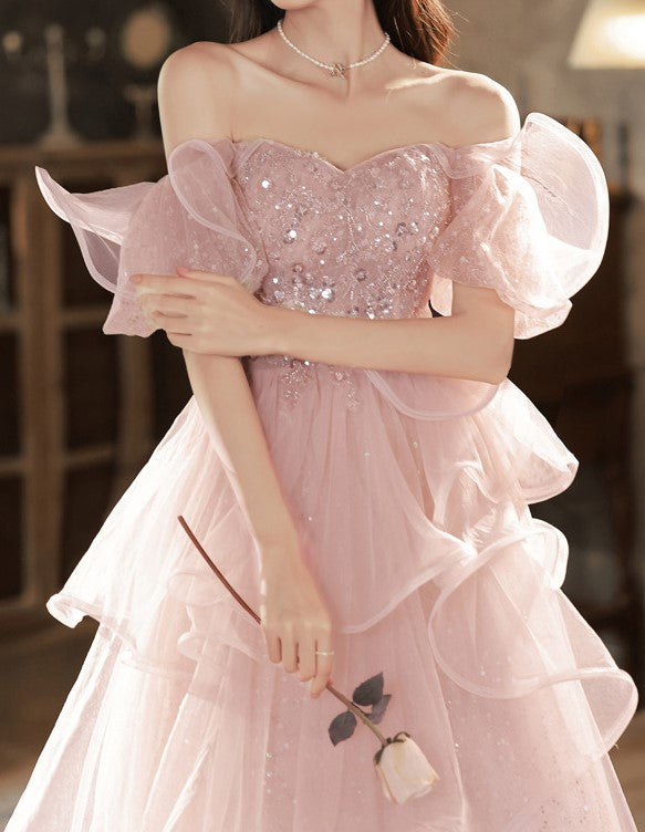 Fairycore Sequin Pink Princess Prom Dress Gown