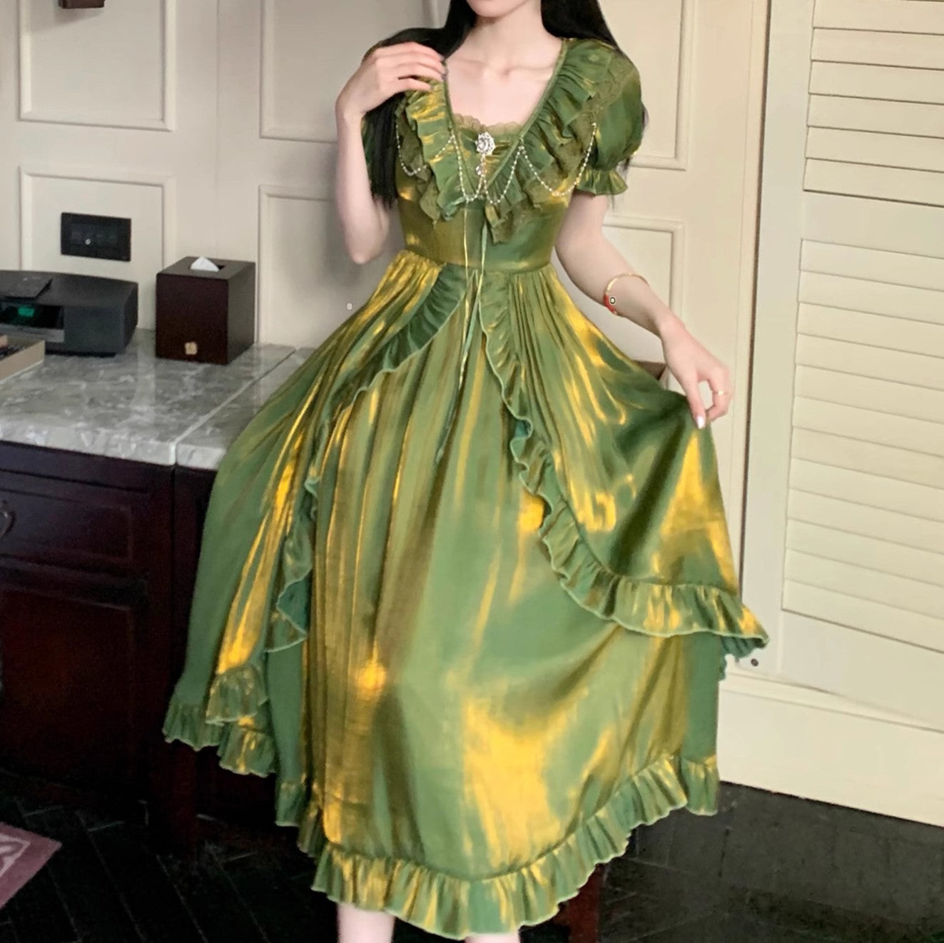 Fairycore Ruffled Green Dress princess green dress prom dress vintage dress