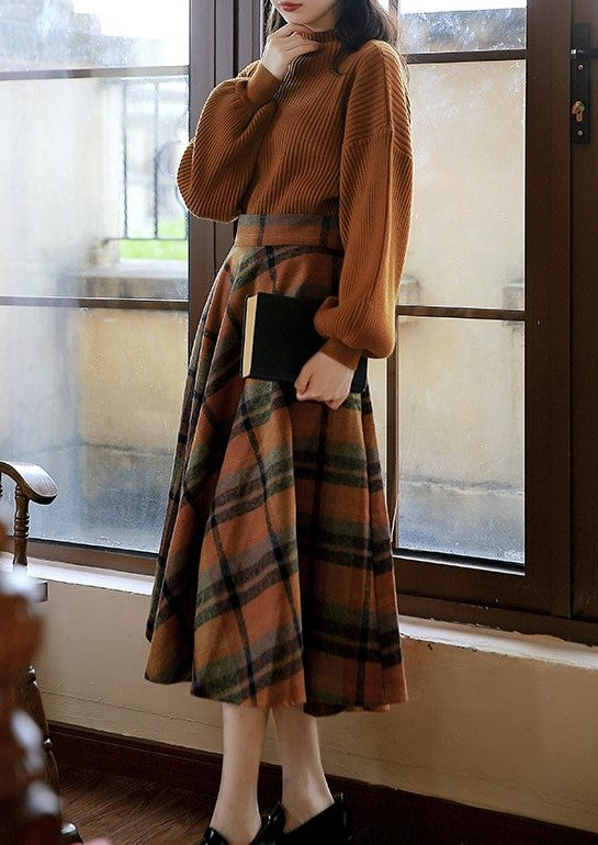 Retro Style Knit Top Plaid Skirt Set