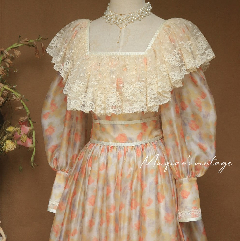 Handmade Vintage Gunnesax Style Floral Puff Sleeves Dress