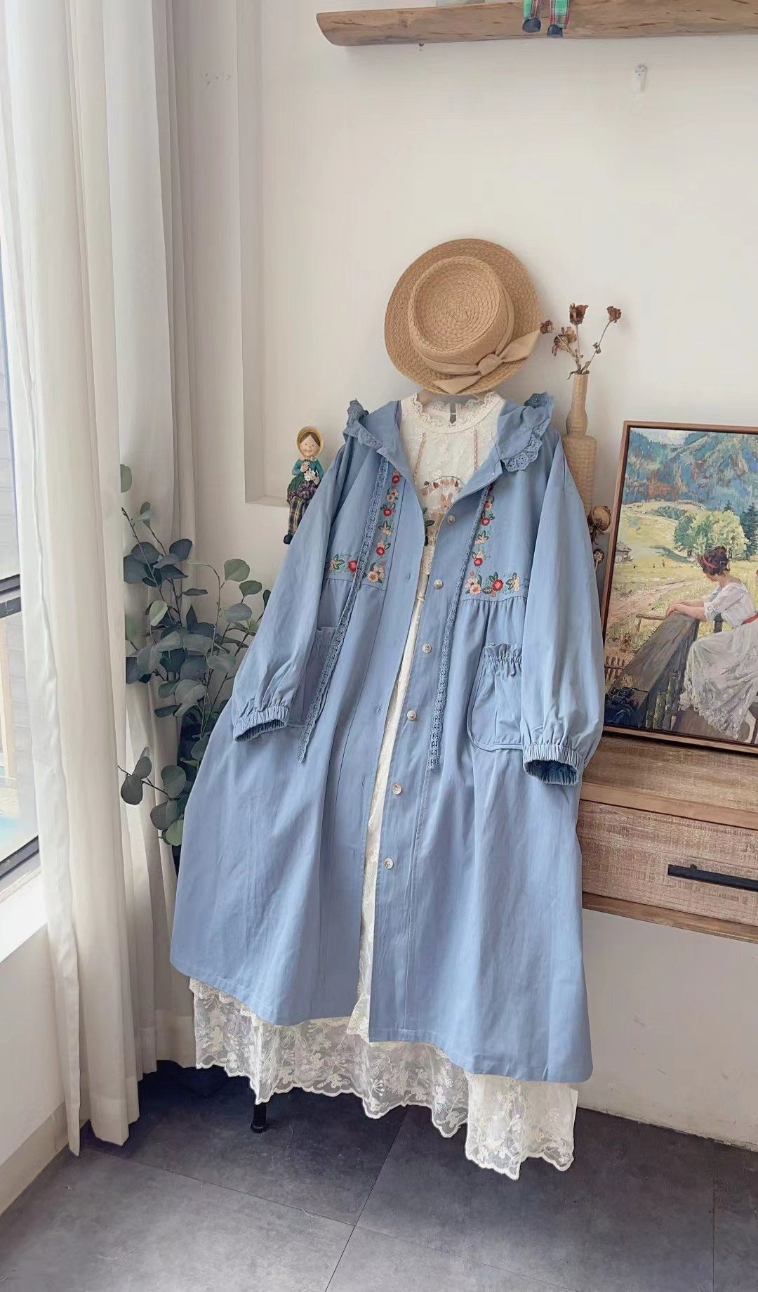 Mori Kei Embroidery Hooded Trench Jacket