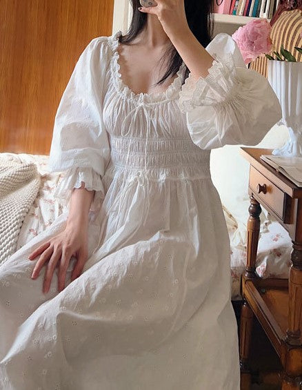 Vintage Puff Sleeves Cotton Night Gown Dress