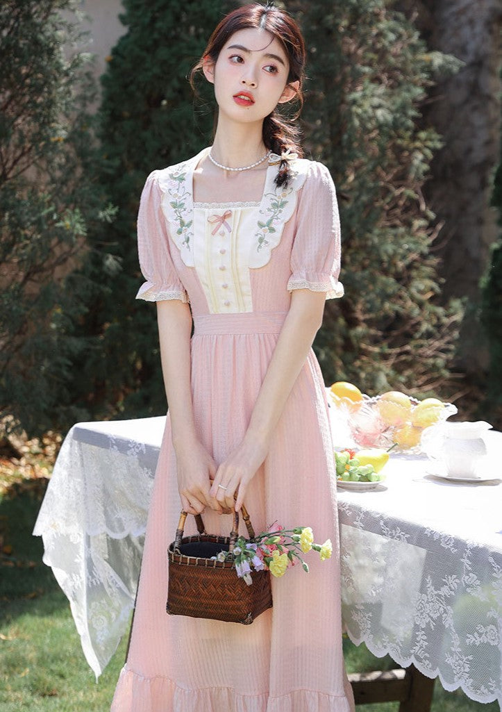 Retro Cottagecore Embroidery Pink Dress