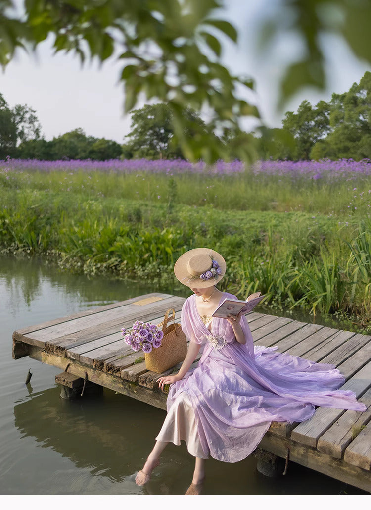 Retro Fairycore Embroidery Lavender Dress