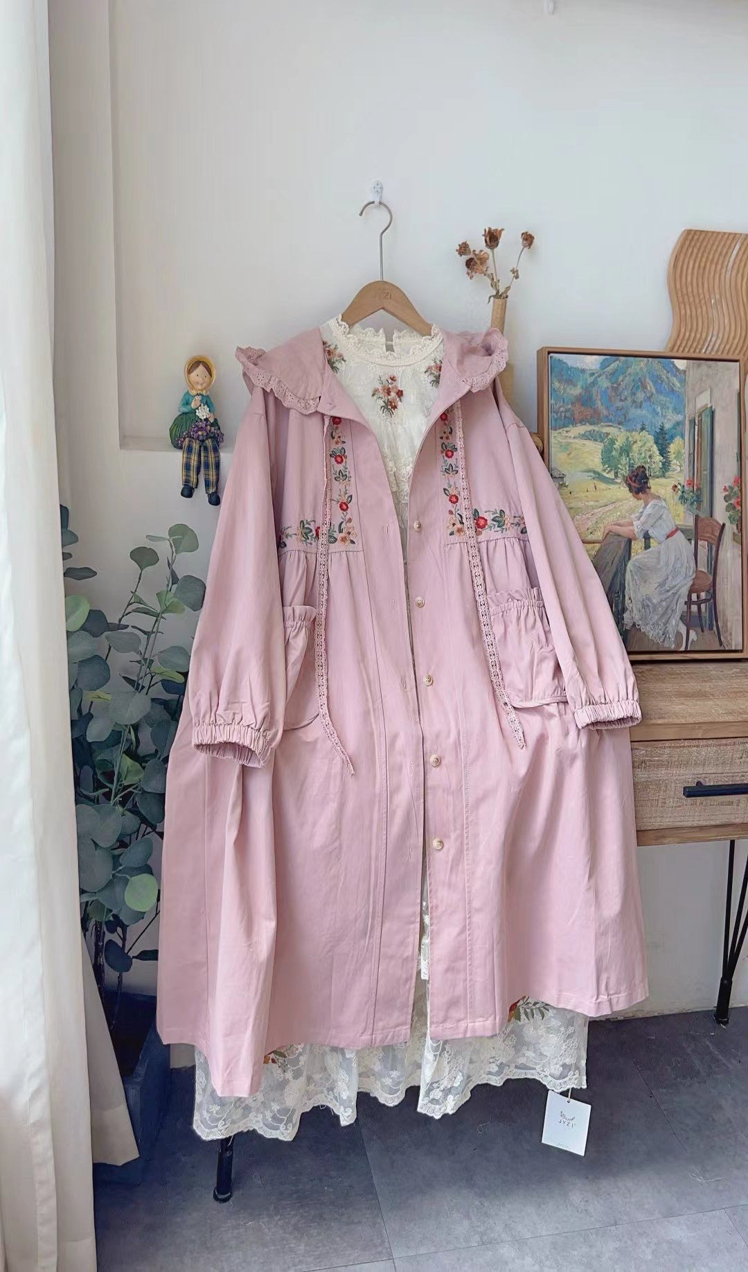 Mori Kei Embroidery Hooded Trench Jacket